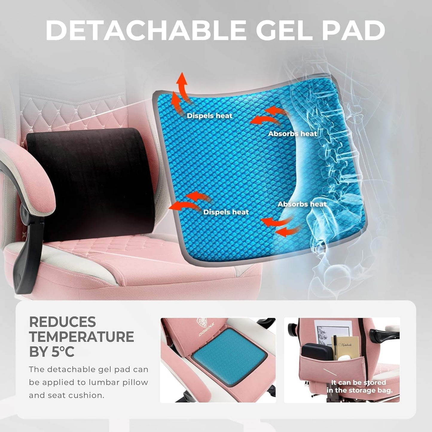 Gaming Chair Breathable Fabric Computer Chair with Pocket Spring Cushion, Comfortable Office Chair with Gel Pad and Storage Bag,Massage Game Chair with Footrest,Pink-4