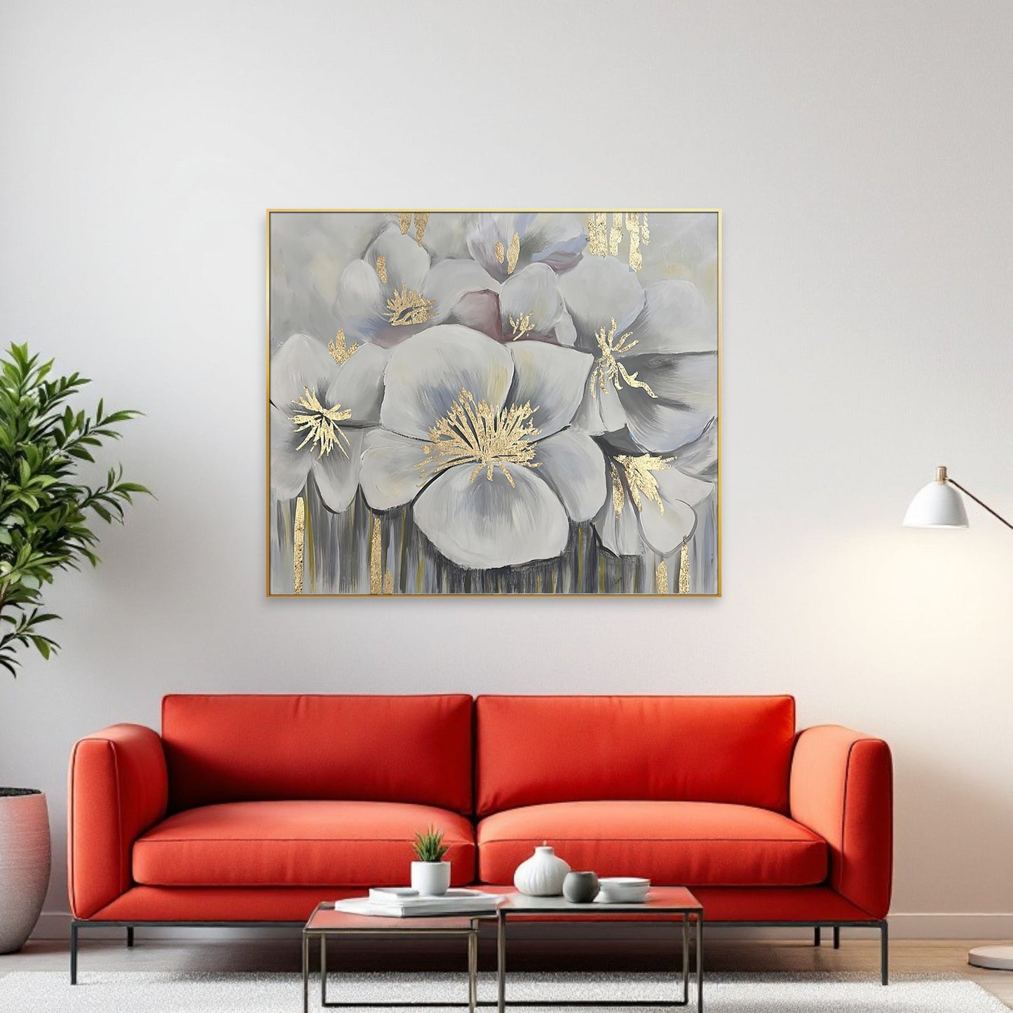 White And Gold Blossoms Gold Framed Oil Painting Wall Art-0