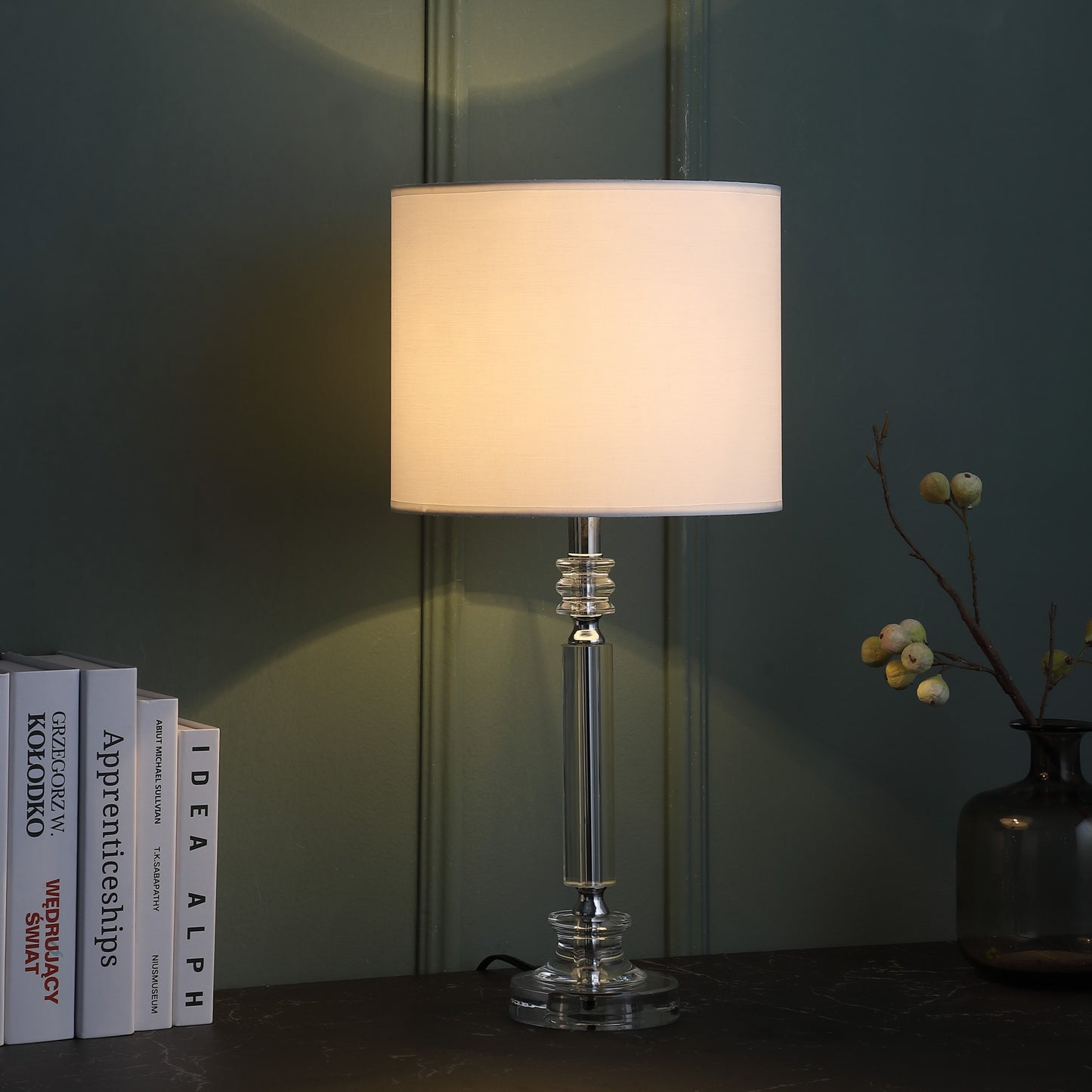 25" Silver Crystal Column With White Drum Shade Table Lamp-3