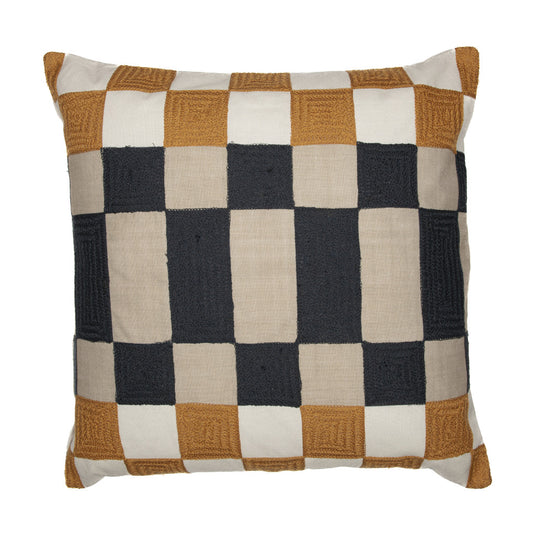 20" Navy Blue Check Throw Pillow With Embroidery-1