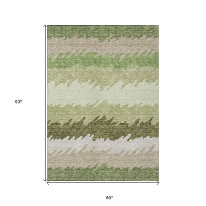 5' X 8' Green And Beige Striped Washable Indoor Outdoor Area Rug-2