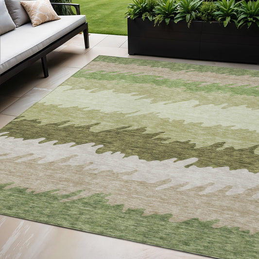 5' X 8' Green And Beige Striped Washable Indoor Outdoor Area Rug-0