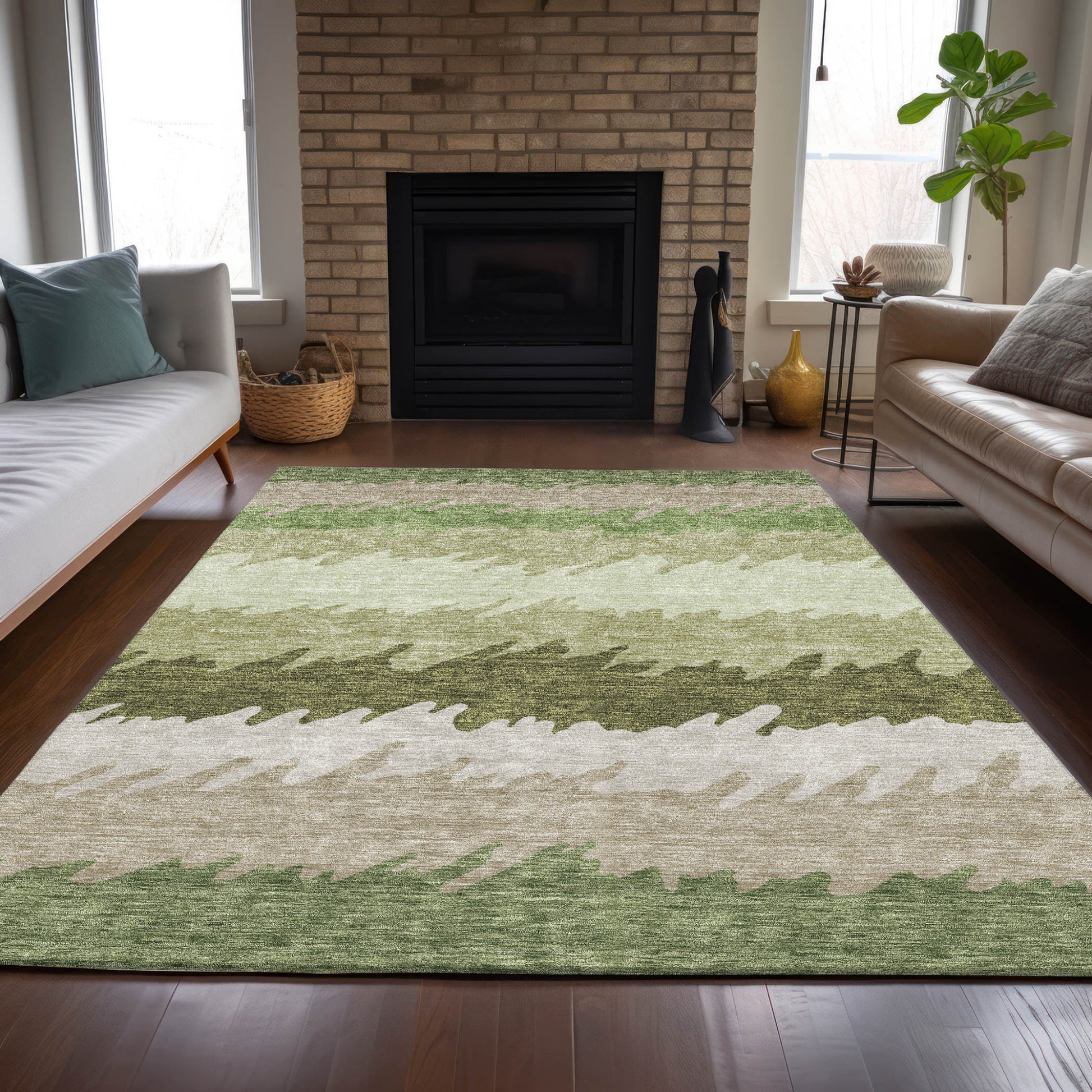 5' X 8' Green And Beige Striped Washable Indoor Outdoor Area Rug-7