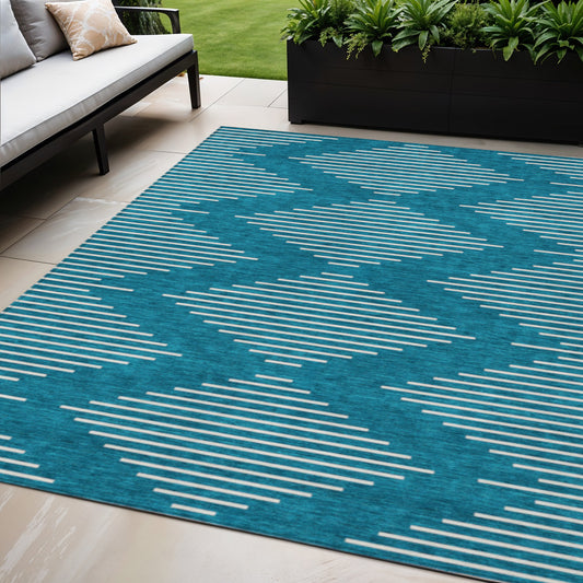5' X 8' Teal Blue And Ivory Geometric Washable Indoor Outdoor Area Rug-0