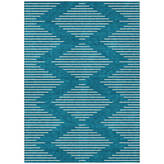 5' X 8' Teal Blue And Ivory Geometric Washable Indoor Outdoor Area Rug-1