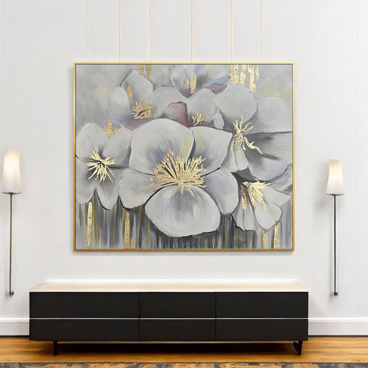 White And Gold Blossoms Gold Framed Oil Painting Wall Art-1