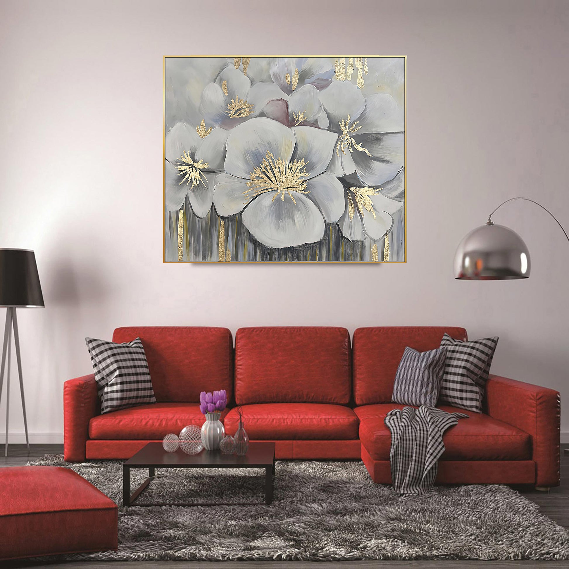 White And Gold Blossoms Gold Framed Oil Painting Wall Art-6