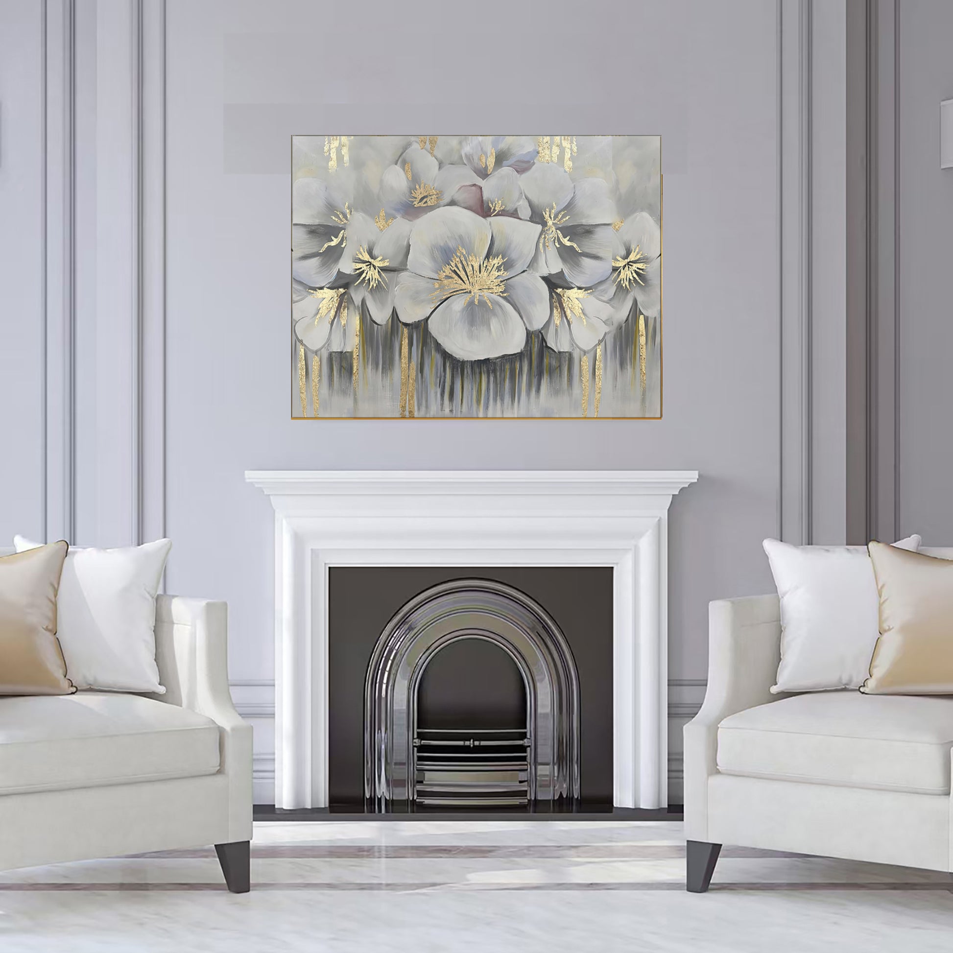 White And Gold Blossoms Gold Framed Oil Painting Wall Art-7