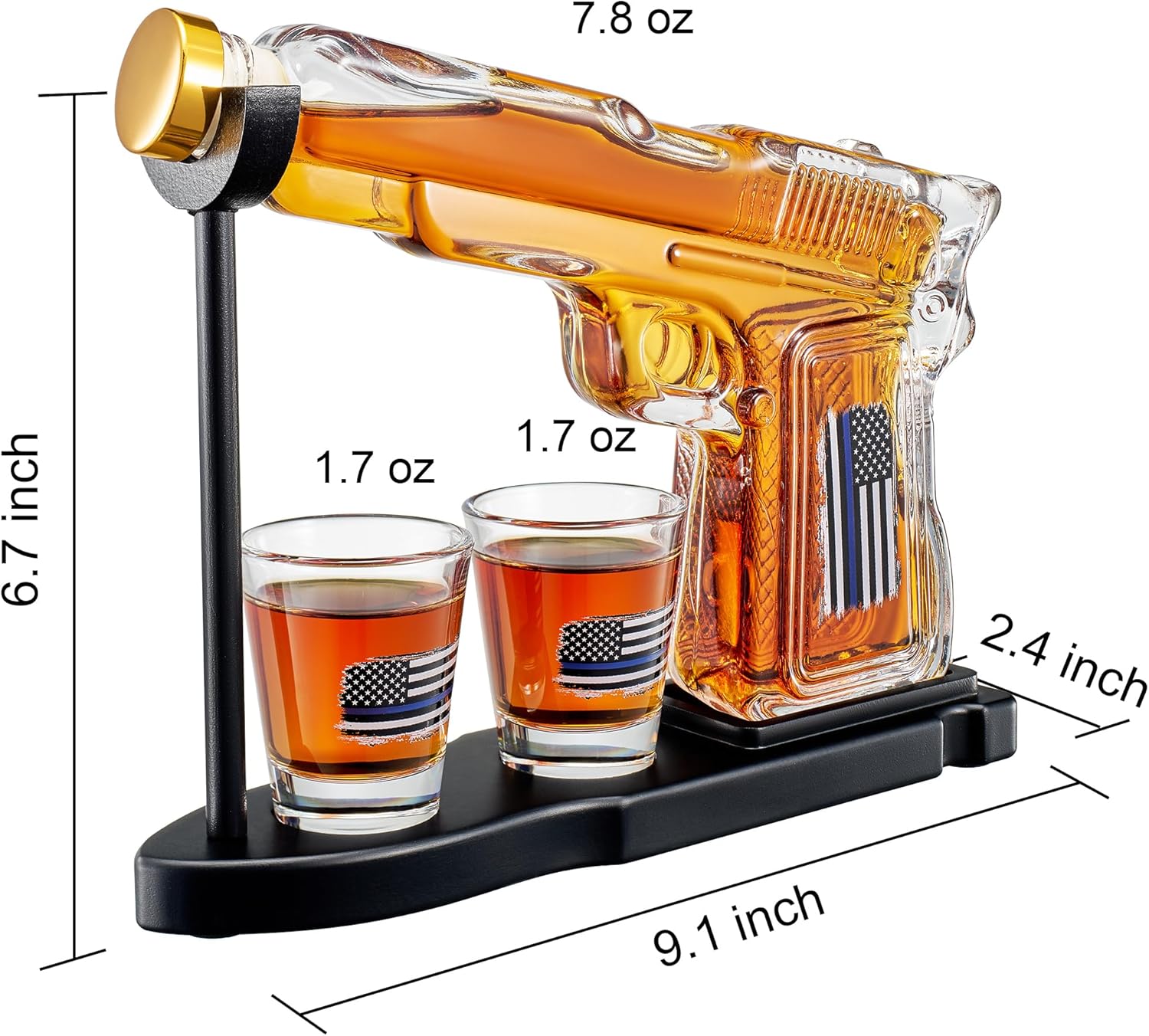 Gifts for Men Dad, Father Whiskey Decanter Set - 8 Oz with Two 2 Oz Glasses, Police American Flag Pistol Gun Anniversary Birthday, Home Bar Gifts, First Responder Present Dispenser, Husband Bar Gift-3