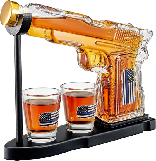 Gifts for Men Dad, Father Whiskey Decanter Set - 8 Oz with Two 2 Oz Glasses, Police American Flag Pistol Gun Anniversary Birthday, Home Bar Gifts, First Responder Present Dispenser, Husband Bar Gift-0