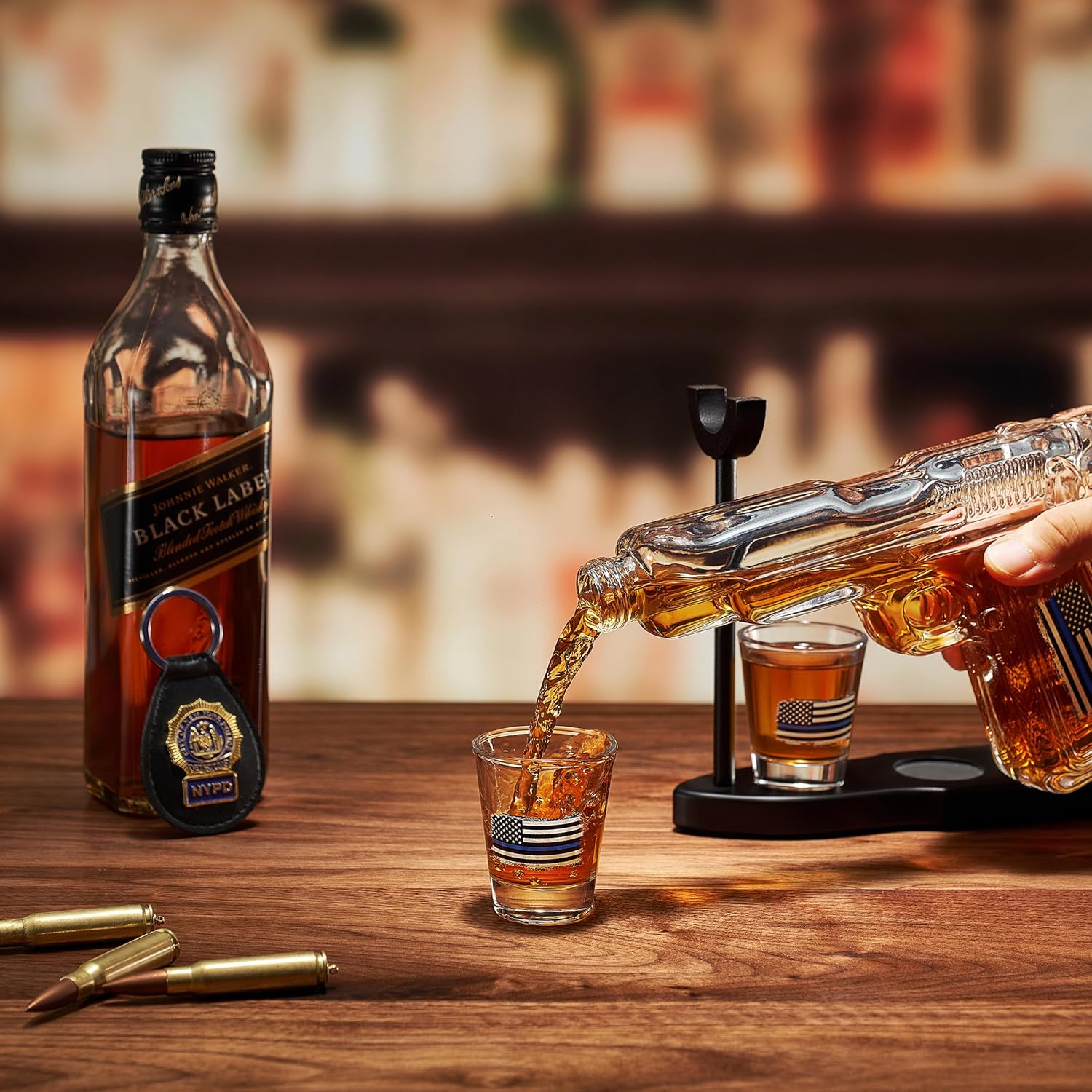 Gifts for Men Dad, Father Whiskey Decanter Set - 8 Oz with Two 2 Oz Glasses, Police American Flag Pistol Gun Anniversary Birthday, Home Bar Gifts, First Responder Present Dispenser, Husband Bar Gift-2