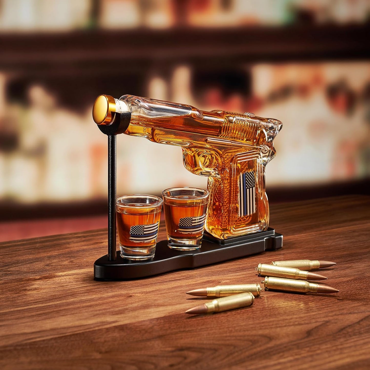Gifts for Men Dad, Father Whiskey Decanter Set - 8 Oz with Two 2 Oz Glasses, Police American Flag Pistol Gun Anniversary Birthday, Home Bar Gifts, First Responder Present Dispenser, Husband Bar Gift-1