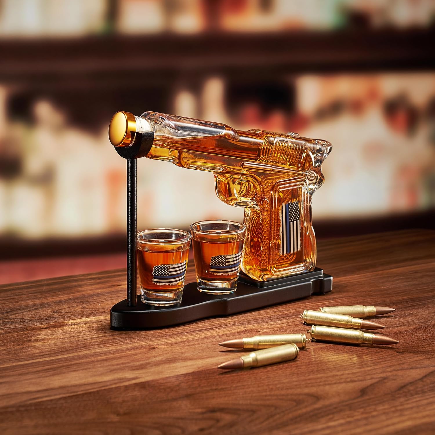 Gifts for Men Dad, Father Whiskey Decanter Set - 8 Oz with Two 2 Oz Glasses, Police American Flag Pistol Gun Anniversary Birthday, Home Bar Gifts, First Responder Present Dispenser, Husband Bar Gift-1