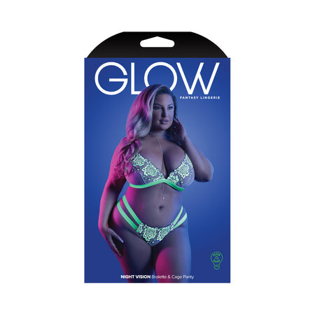 Fantasy Lingerie Glow Night Vision Glow-In-The-Dark Lace Bralette & Panty White Queen Size-0