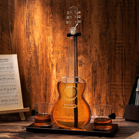 Guitar Whiskey & Wine Decanter & Mahogany Base - The Wine Savant 1000 ML Glass Decanter with 2 10oz Glasses 14" For Whiskey Music Lover & Guitar Player Gifts Musician Music Lovers-1