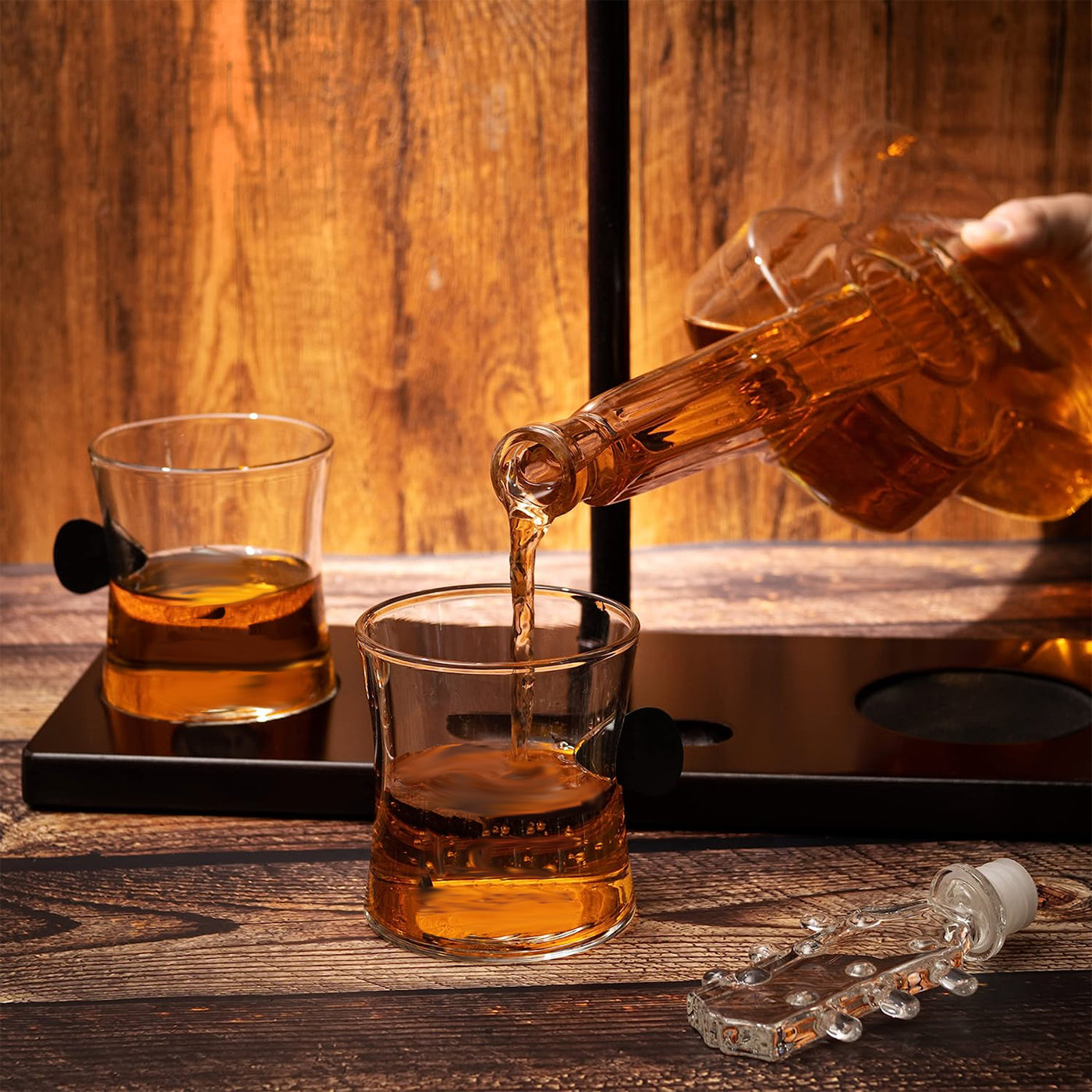 Guitar Whiskey & Wine Decanter & Mahogany Base - The Wine Savant 1000 ML Glass Decanter with 2 10oz Glasses 14" For Whiskey Music Lover & Guitar Player Gifts Musician Music Lovers-3