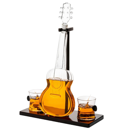 Guitar Whiskey & Wine Decanter & Mahogany Base - The Wine Savant 1000 ML Glass Decanter with 2 10oz Glasses 14" For Whiskey Music Lover & Guitar Player Gifts Musician Music Lovers-0