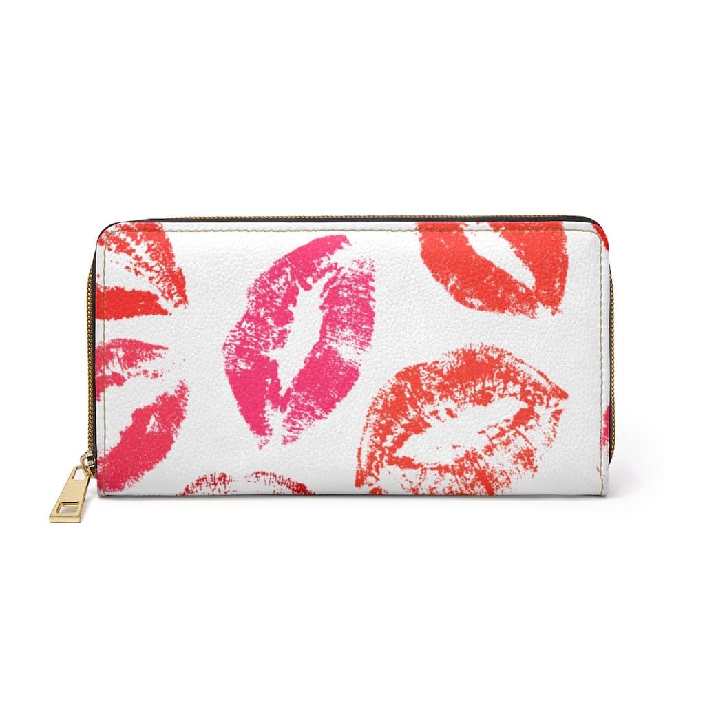 Womens Wallet - Zip Purse - White and Red Lipstick Kisses-0