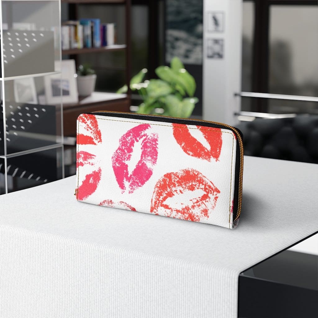 Womens Wallet - Zip Purse - White and Red Lipstick Kisses-3