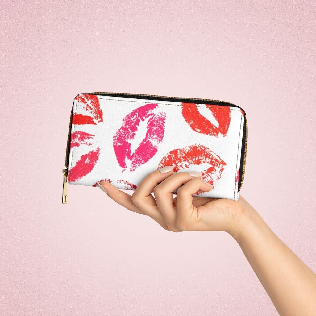 Womens Wallet - Zip Purse - White and Red Lipstick Kisses-2