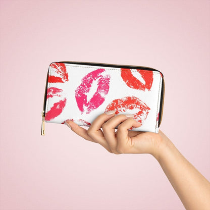 Womens Wallet - Zip Purse - White and Red Lipstick Kisses-2